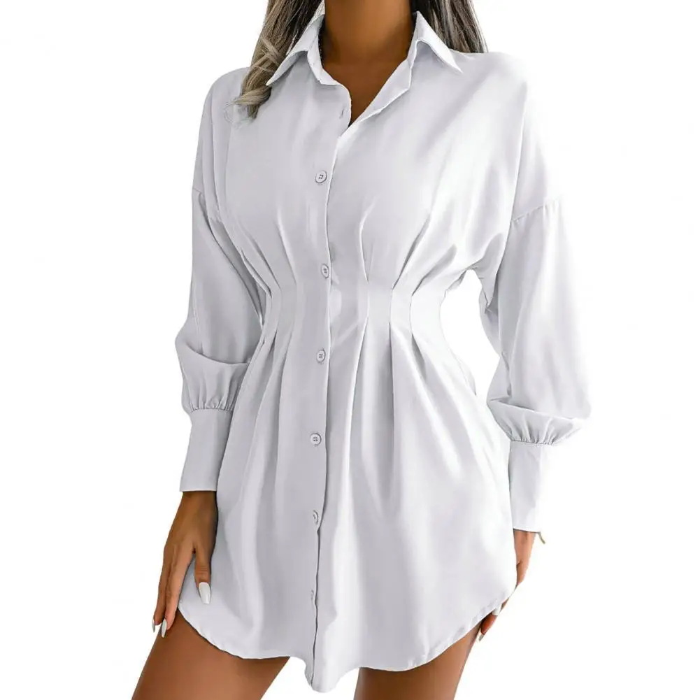 

Turn-Down Collar Single Breasted Women Shirt Lantern Long Sleeve Pleated Waist Tight Asymmetric Dress Shirt Ladies Clothing