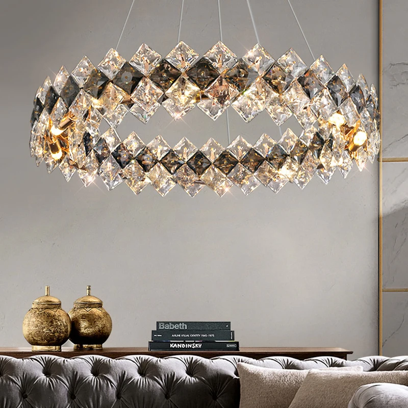 

Luxury Crystal Chandelier LED Pendant Light Post Modern LED Square Design Lustre for Living Room Foyer Home Decor Hanging Lamp