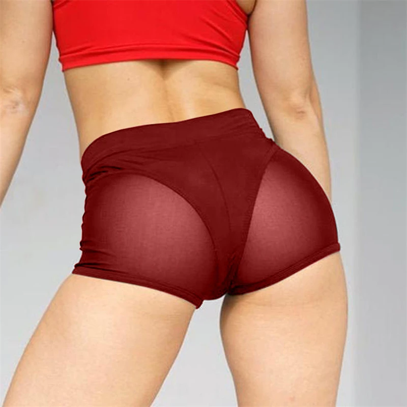 

Women Sexy High Waist Workout Fitness Shorts Female Dance Shorts See-through Mesh Patchwork Mature Pole Dancing Clubwear