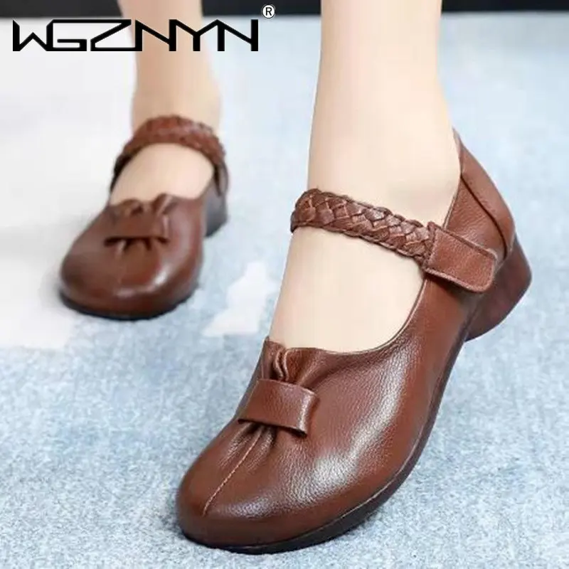 

2023 New Retro Pleated Ethnic Summer Autumn Round Toe Genuine PU Leather Women Big Size Soft Flats Loafers Shallow Hook Shoes