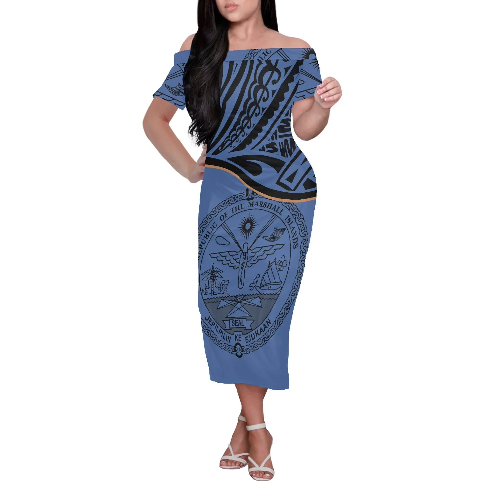 

Hawaiian Style Summer Sexy Short Sleeve Close-Fitting Off Shoulder Dress Polynesian Tribal Print Feasts Occasions Maxi Dress