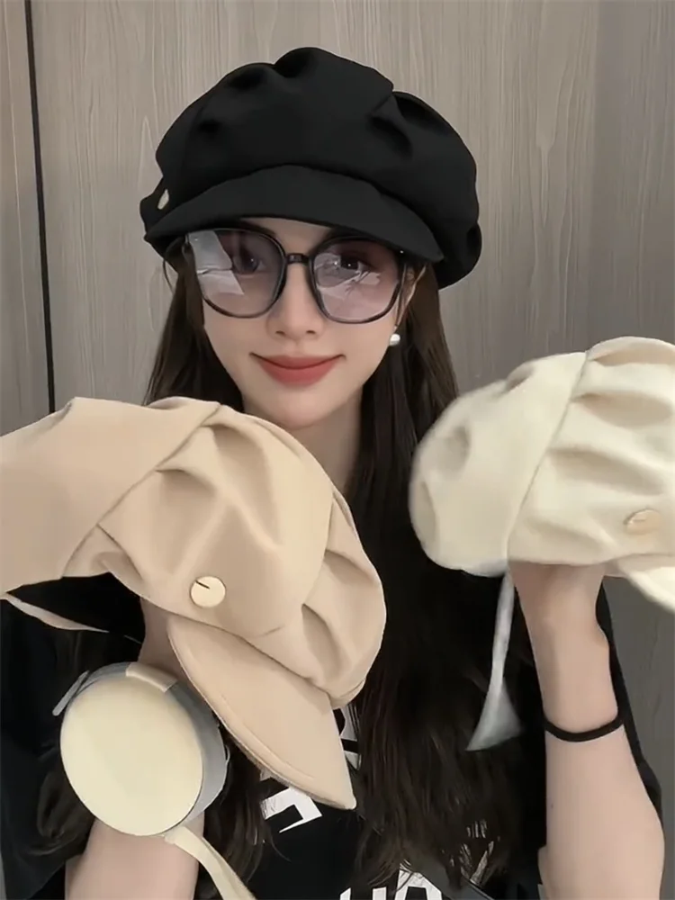 

Cloud Hat Woman Pleated Bag Face Show Face Small Octagon Hat Travel Daily Casual Everything Plain Short Brimmed Beret Tide