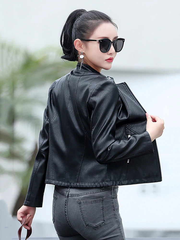 New Women Leather Jacket Spring Autumn Fashion Small Stand Collar Slim Waist Split Leather Short Coat Pink Sheepskin Outerwear