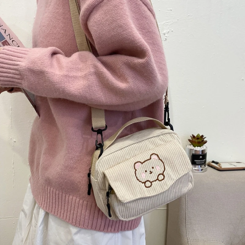 

Cute Cartoon Messenger Tote Bag Crossbody Bag Corduroy Bear Student Shoulder Bag Lolita Girl Handbag for Daily Use