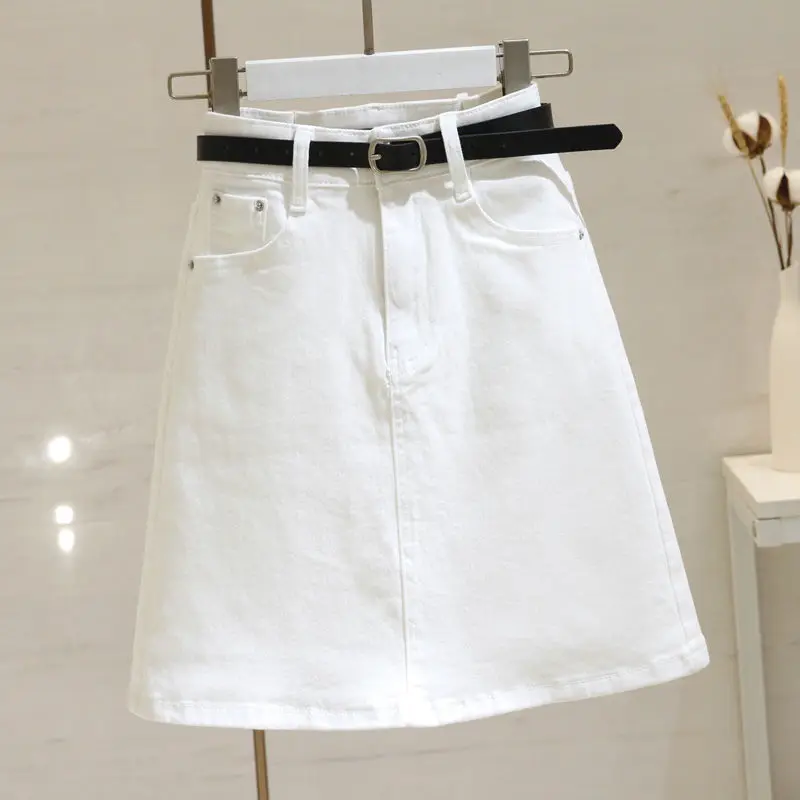 2022 New South Korean White Half Skirt Women 2022 New Summer Word Versatile Slim Split Hip Wrap  jean skirt  Button
