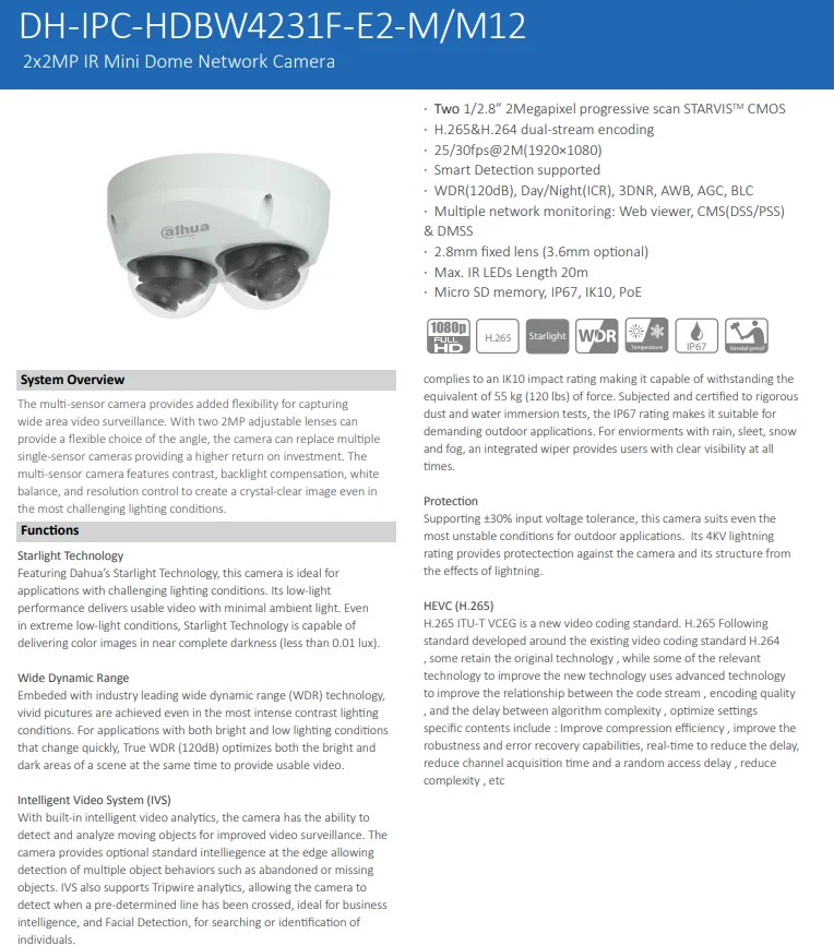 Dahua 2MP Starlight POE IP Camera IPC-HDBW4231F-E2-M Multi Sensor Intelligent Video System IVS Mini Dome Network | Безопасность и