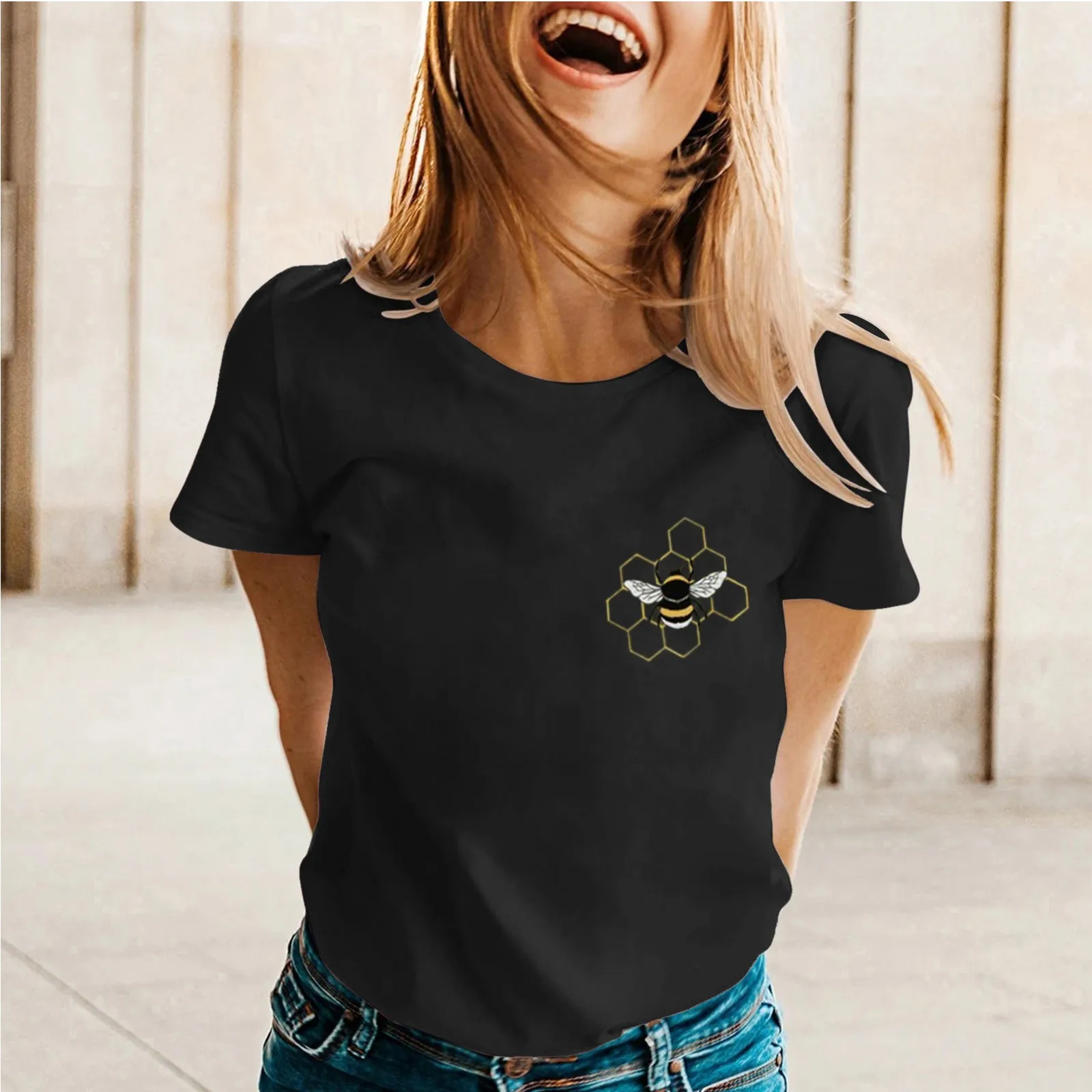 

Womens Spring Summer Bees Printed Short Sleeve O Neck T Shirt Top Aesthetic Dark Korean version Tee