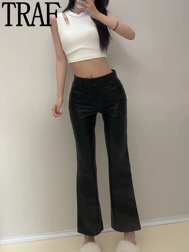 

TRAF Black Faux Leather Pants Women High Waist Flare Pants Women Autumn Flare Leggings Woman Trousers Streetwear Pants for Women