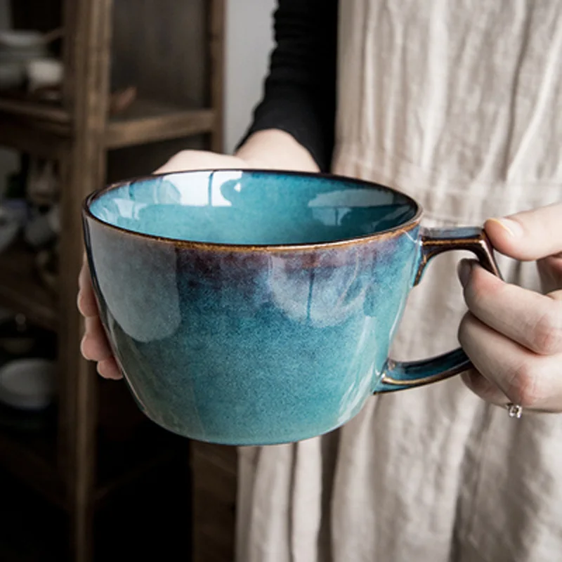 

[Это чашка и миска] синяя керамическая чашка в стиле ретро, большая чашка, чашка для овсянки, чашка для завтрака с небольшими недостатками