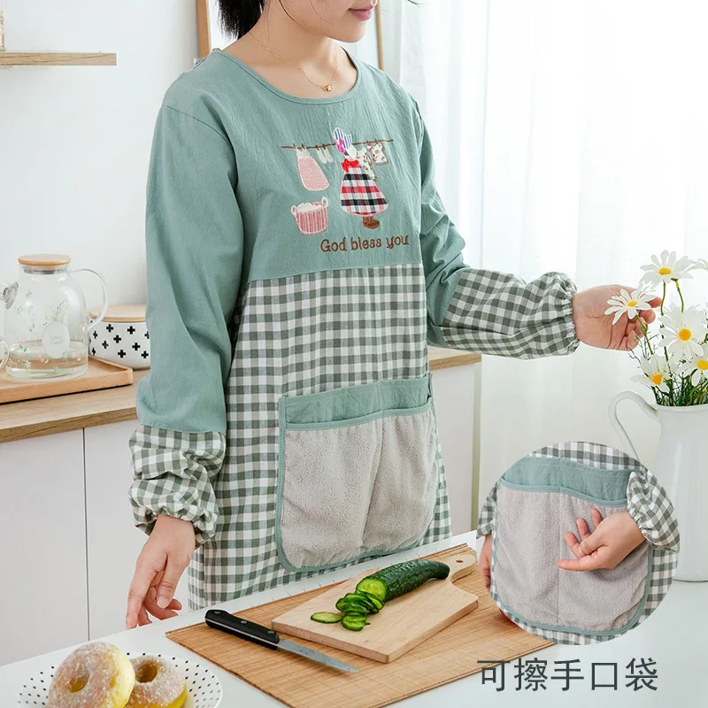 

Apron home kitchen can wipe hands and wear smock coat adult long-sleeved cotton oil-proof fashion apron smock
