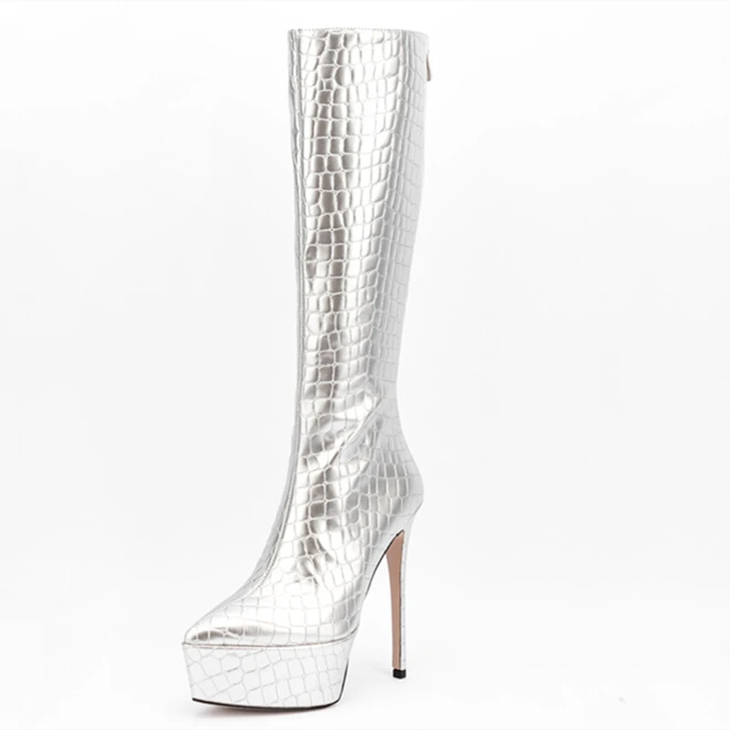 Med Shaft Boots Stone Print New Style Pointed Toe Platform High Heel Women Shoes Back Zipper Knee High Boots Autumn Winter