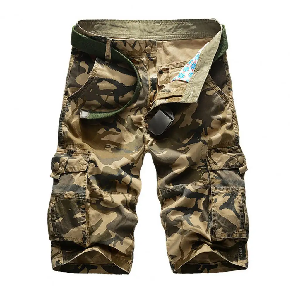 

Mid-rise Elastic Waistband Zipper Fly Men Shorts Camouflage Print Multi-pockets Cargo Shorts Streetwear