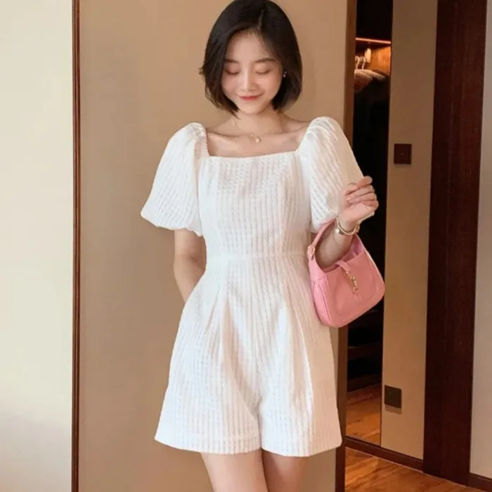 

Women 2022 Summer Elegant Jumpsuits Female Fashion Square Collar Puff Sleeve Rompers New Office Lady Wide Leg Pants Playsuit P23
