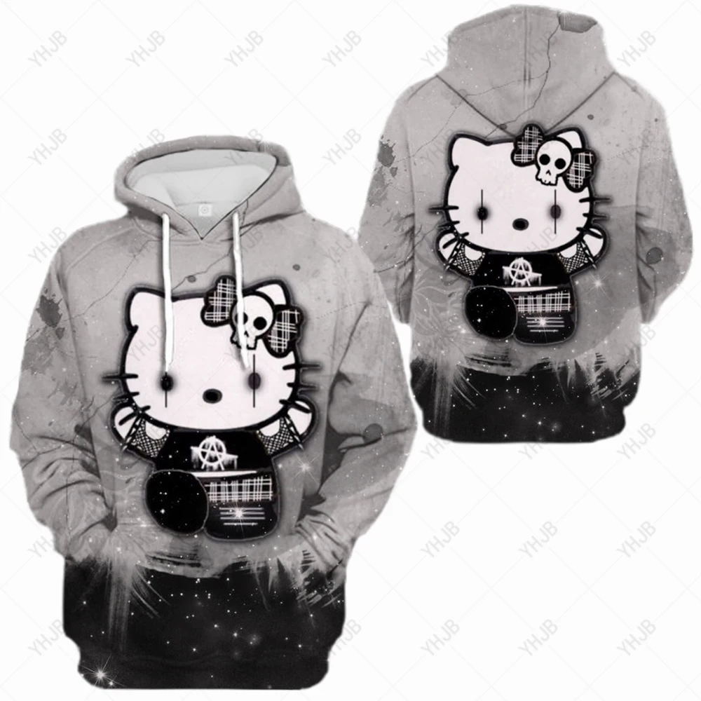 

Gothic Hello Kitty Hoodie Women Girls Sweatshirts Sweet Korean O-neck Pullovers Thick Autumn Winter Candy Color Waffle Clothing