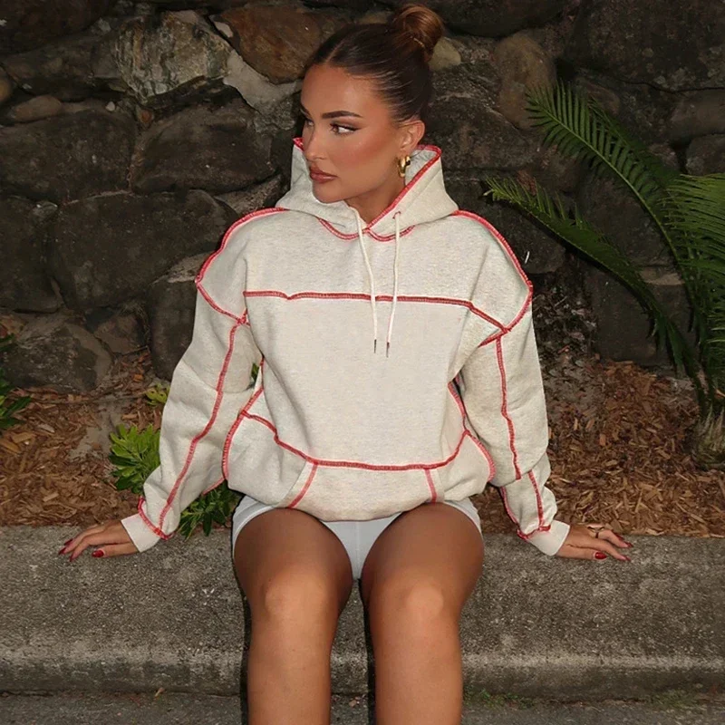 Модные женские толстовки с прострочкой топы свободные пуловеры капюшоном