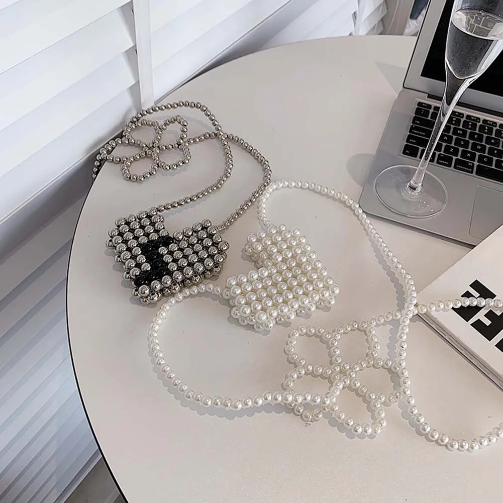 

Mini Pearl Bag Handmade Heart Beaded Fashion Banquet Party Shoulder Bag Female Wedding Bags Luxury Women's Coin Purse Handbags