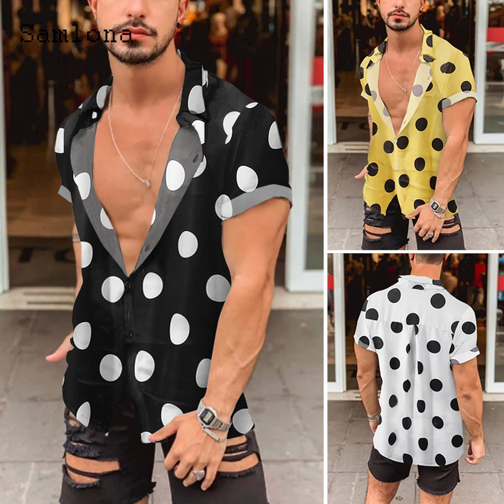 Short Sleeve Men Fashion Dots Blouse Latest Casual Beach Shirts 2022 Single-Breasted Tops Streetwear Lepal Collar Shirt Clothing