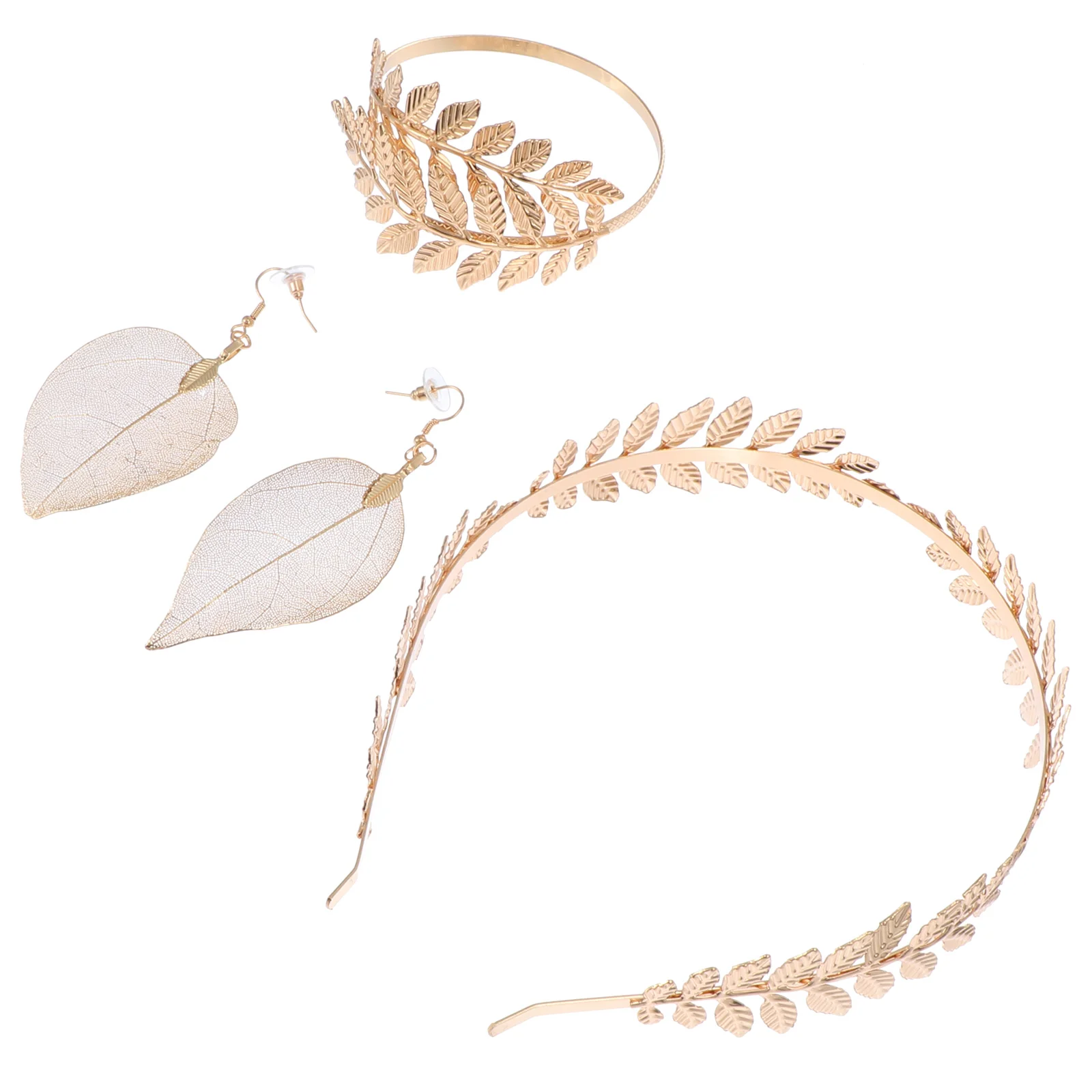 1Set Leaf Crown Headdress Armlet Earrings Bridal Jewelry Accessories Golden |