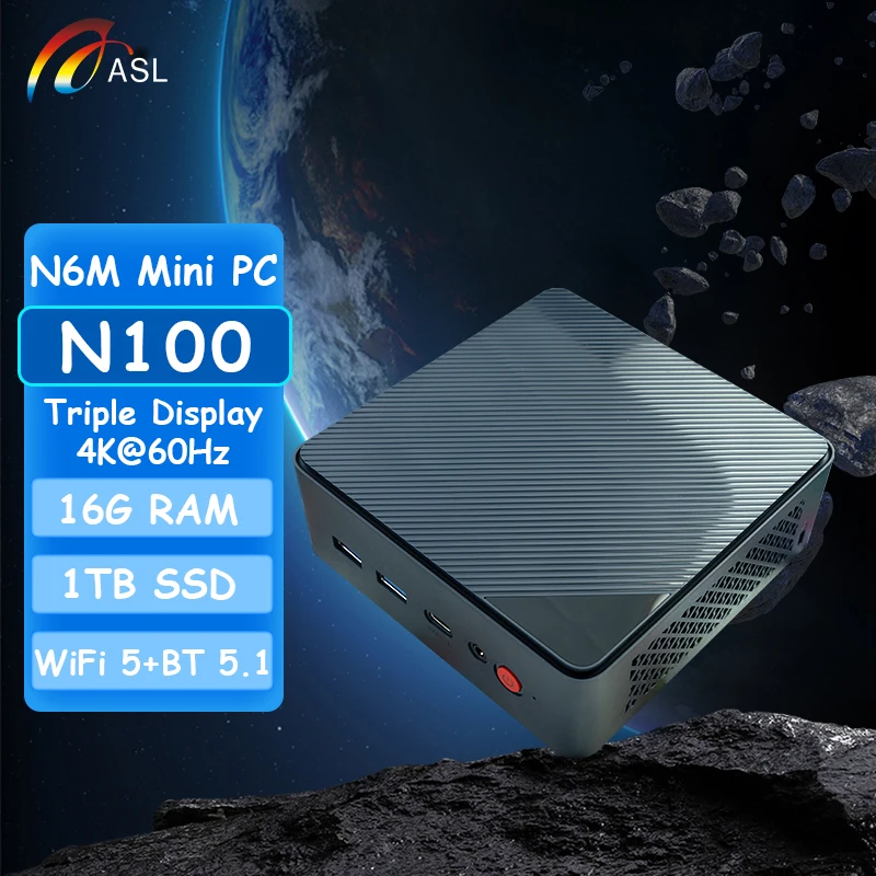 ASL N6M Мини-ПК Intel Alder Lake N100 16G DDR4 RAM 1 ТБ M.2 SSD Windows 11 WiFi 5 BT 5.1 Для настольного компьютера