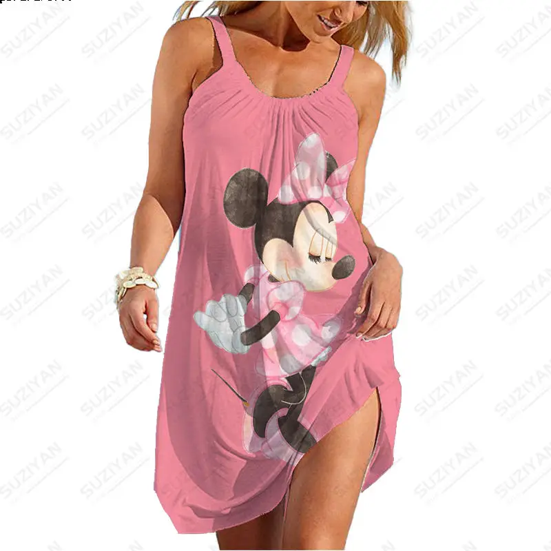

2023 Summer New Sexy Strap Beach Dress Disney Mickey Minnie Goofy Women's Sleeveless Strap Dress Hawaii U-Neck Women's Top