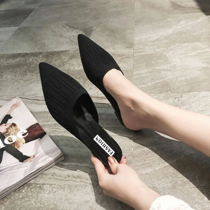 Pointed Flats Heels Women Shoes Summer Shoes Sexy Sandals Knitted Elastic Breathable Mules Shallow Plus Size 42 Lady Shoes Woman