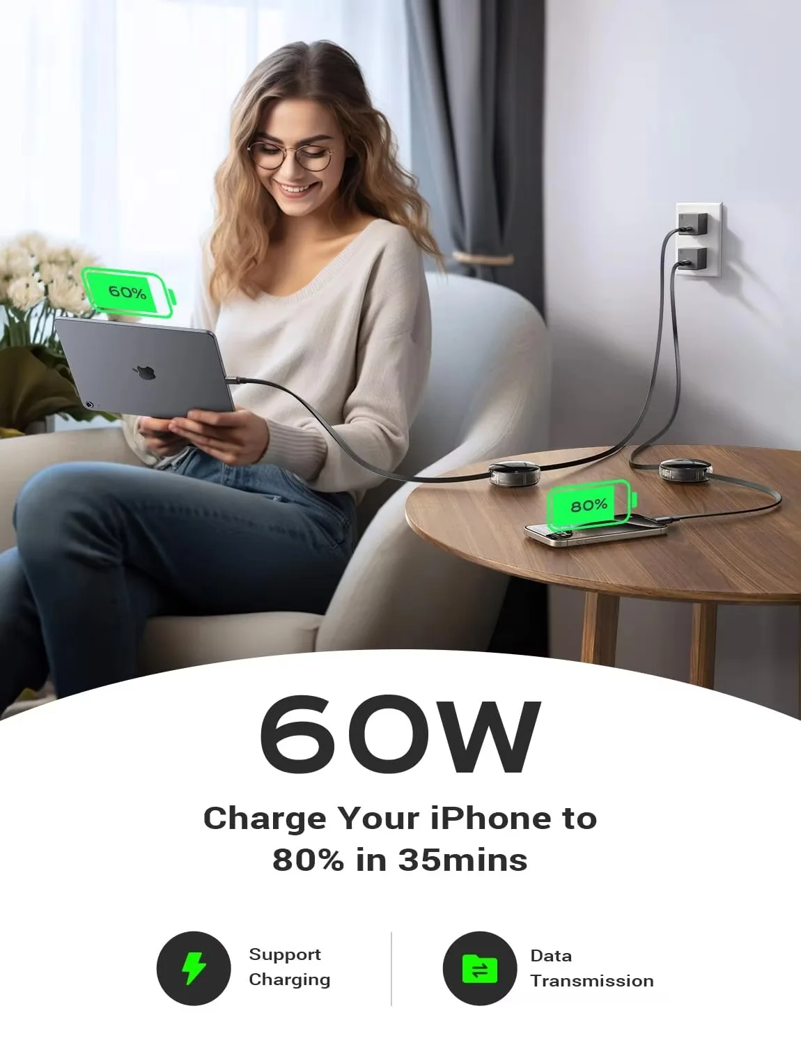 Выдвижной кабель для передачи данных Lisen 2024 60 Вт 3 А Тип c 2 упаковки iPhone 13 14 12 11 Pro X Max