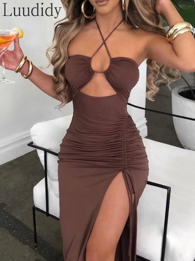 

Women Sexy Cutout Drawstring Ruched High Slit Bodycon Dress