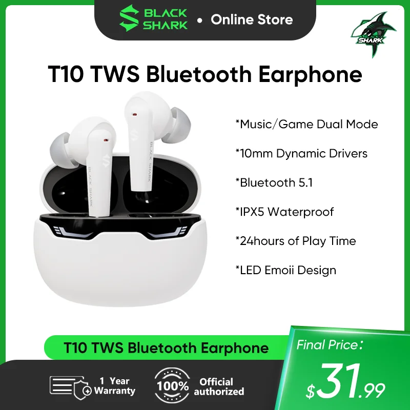 

Black Shark T10 TWS Bluetooth Earphone Dual Mode Earbuds,10mm Dynamic Drivers Bluetooth 5.1 IPX5 Waterproof Headset Earphones