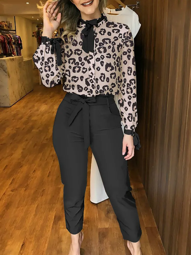 

Tied Detail Top & Polka Dot Print Pants Set Casual Women Two Piece Set Outfits Office Workwear