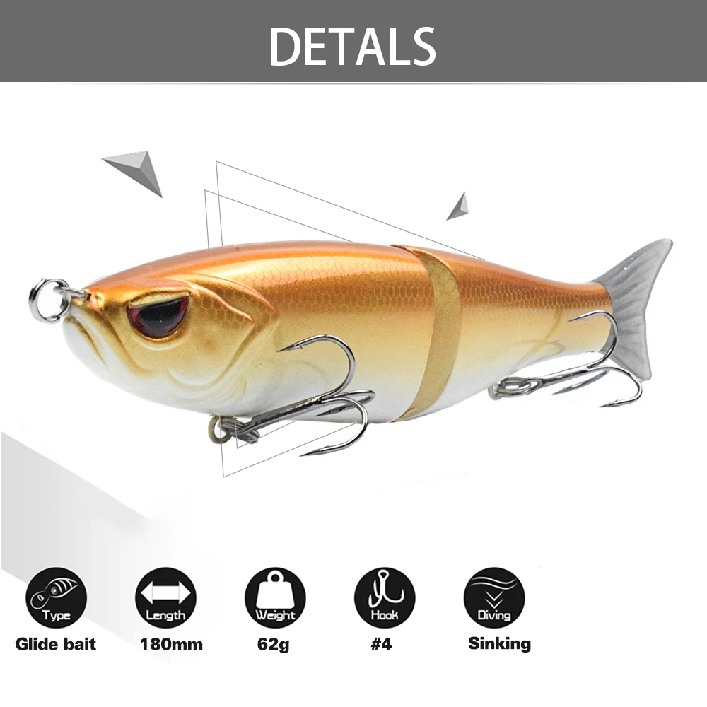 180MM 62G Hard Sinking Glide Bait Trout Seaperch Culter Fishing Lure 3D Eye 5 Colors NO.4 Treble Hook With Soft Tail In Sea Lake | Спорт и