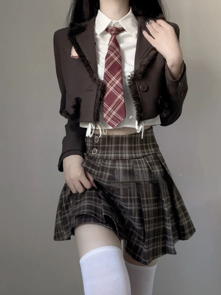 

Vintage Y2k Crop Tops Blazers + Shirts + Hight Waist Skirts 3 Piece Dress Set Women Korean Clothing Even Party Jacket Coats 2023