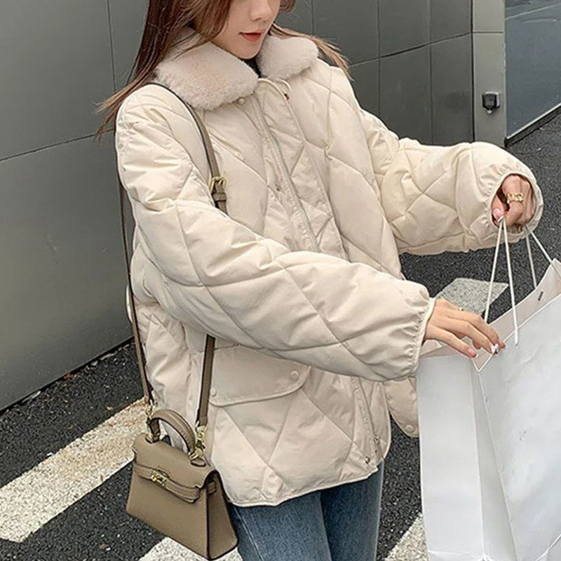MOUKYUN Winter Simple Parkas Thick Warm Women Vintage Cotton Padded Coat Plush Lapel Baggy Long Sleeve Lady Down Jacket