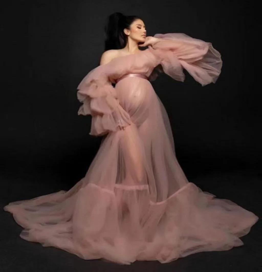 

Elegant Tulle Maternity Gowns for Photoshoot Fluffy Sweep Train Women Robe Pregnancy Dresses Photography Wear