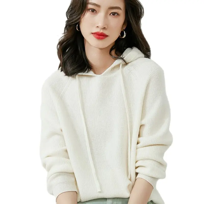 

Женская толстовка, женские топы, вязаный толстый пуловер с капюшоном, одежда, однотонный, с кулиской, с длинными рукавами, весна Tenafeicc