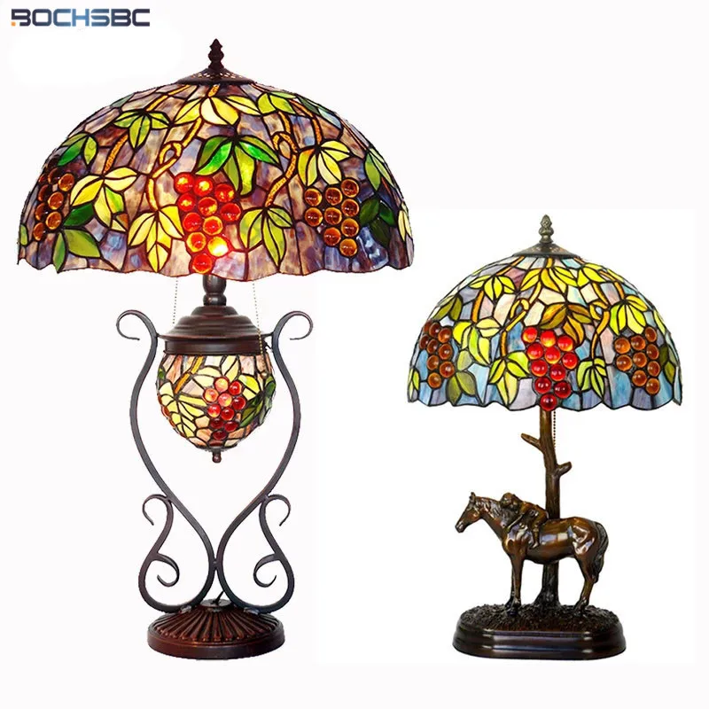 

Tiffany Stained Glass Grape Floor Lamp Retro Pony Table Lamp Living room Bedroom Desk Light American Classical Decor Table Lamp