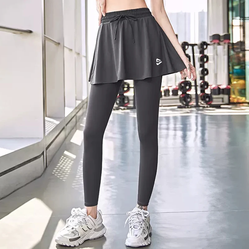 F.DYRAA Gym Leggings Fitness Yoga Pants With Skirts Running Exercise Sportswear Fake Two Pieces Tights High Waist Stretch Pants