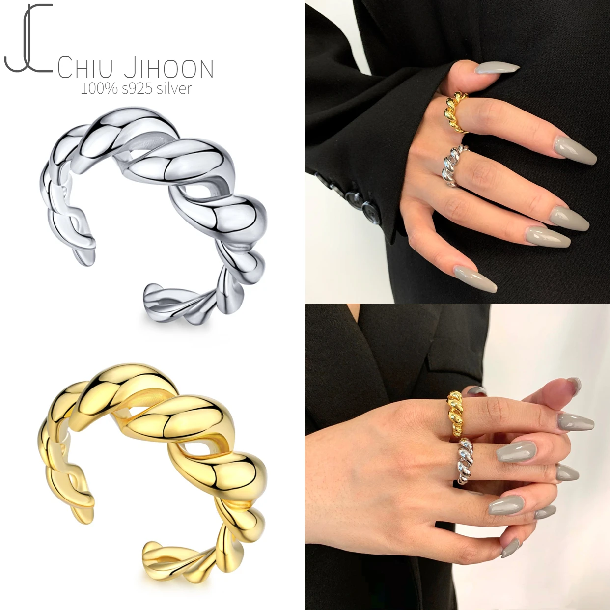 

S925 Sterling Silver Twist Ring Irregular Opening Adjustable Ring Thick Plated 18K Gold Ring Girlfriend Women Ring Gift Jewelry