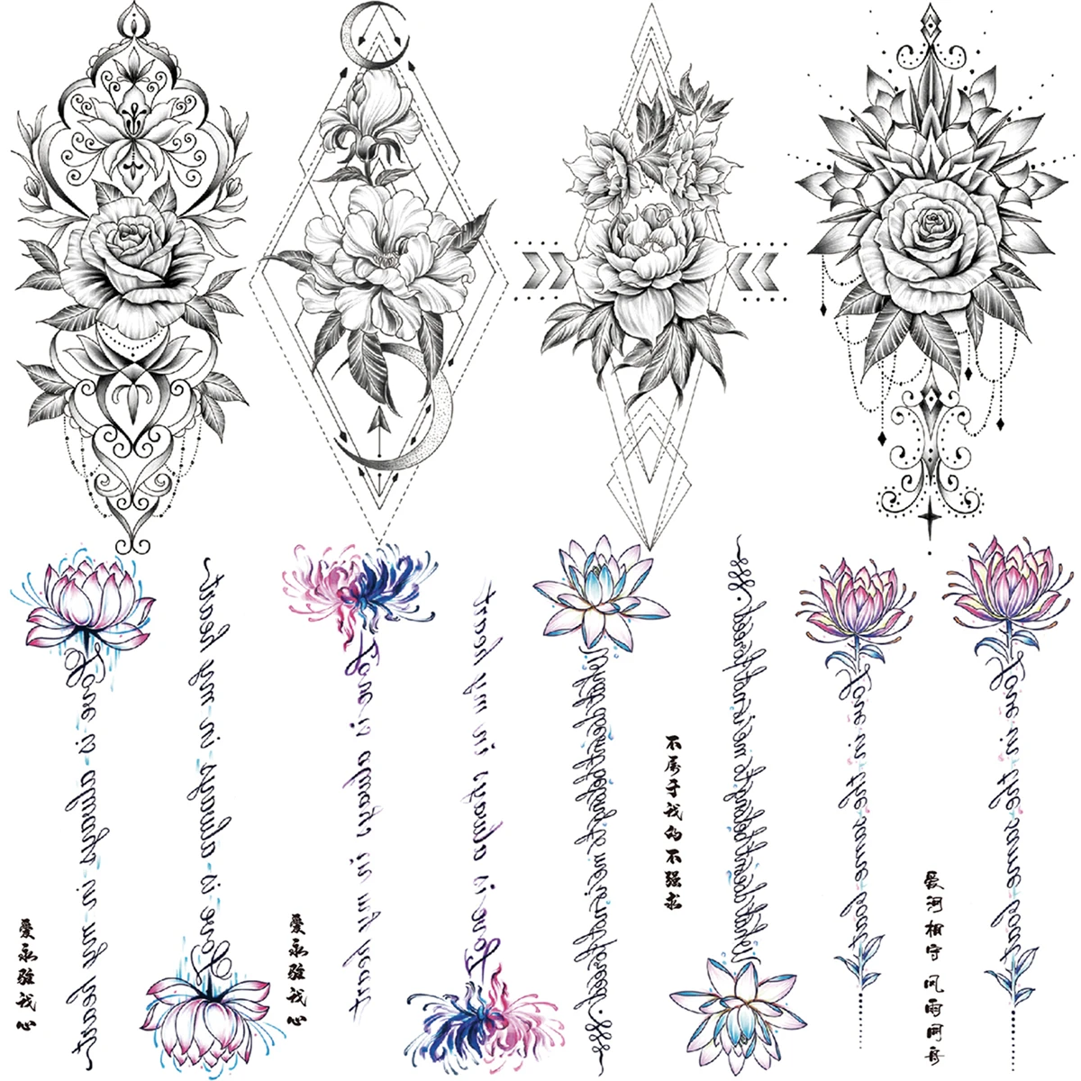 

Geometric Rose Flower Moon Temporary Tattoos For Women Adult Pendant Lotus Letter String Fake Tattoo 3D Body Art Painting Tattoo