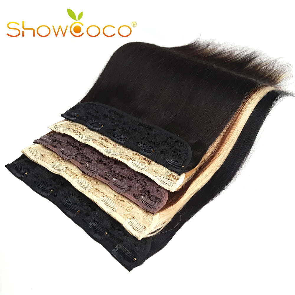 ShowCoco Clip-In One Piece Human Hair Extensions 160G Straight Hair Clips 100% Remy Natural Hair 5 Clips Ins For Women