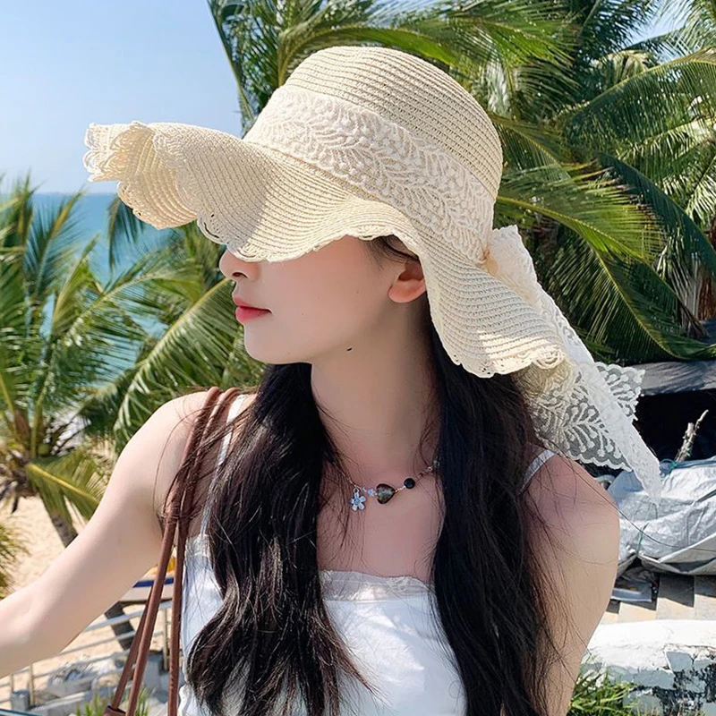 Шляпа женская Соломенная с кружевным бантом дышащая Складная пляжная шапка