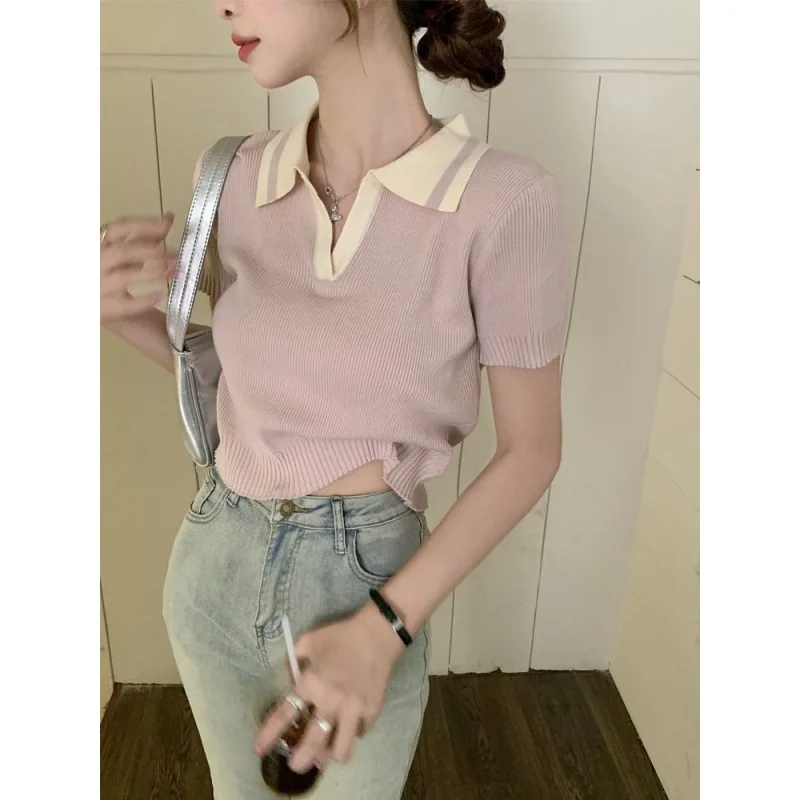 Женская летняя вязаная футболка из вискозы футболки с отложным воротником и