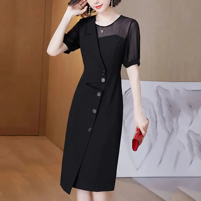 

Summer Woman Elegant Midi Dress Splicing Gauze Short Sleeve O-Neck Button Split High Waist Black Fashion Female Dresses 2022