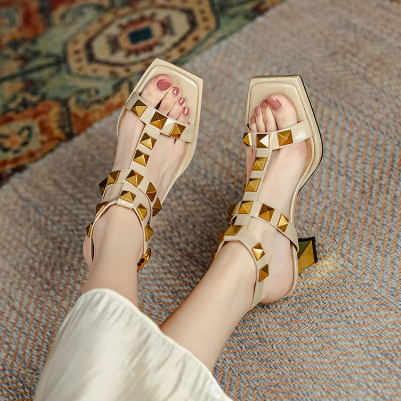 Rivet Thick Heel Sandals for Women 2023 Summer New Square Head Open Toe Line Buckle Leather Mid-heel Willow Shoes A418