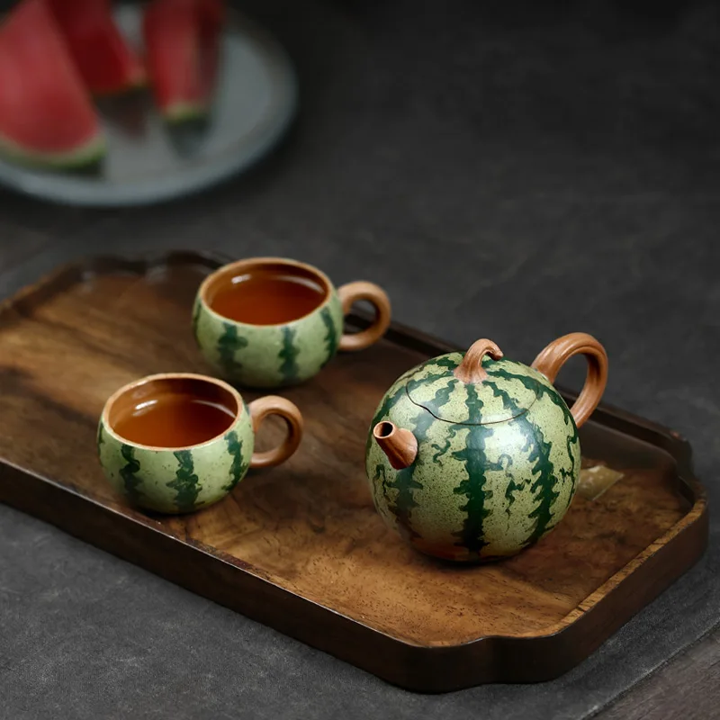 Original Yixing Clay Teapot Pure Handmade Teapot Bionic Device Segment Mud Watermelon Pot Egg-Shell Porcelain Home Use Set 160cc
