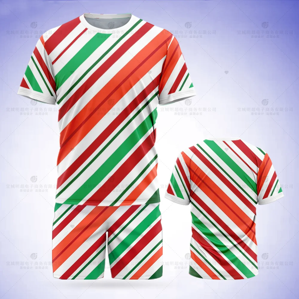 Simple Line Texture Pattern Men's T-Shirt Set Ladies Full Body Print Fashion Girls Short Sleeve Boys Tops Shirt Shorts 2 Pieces