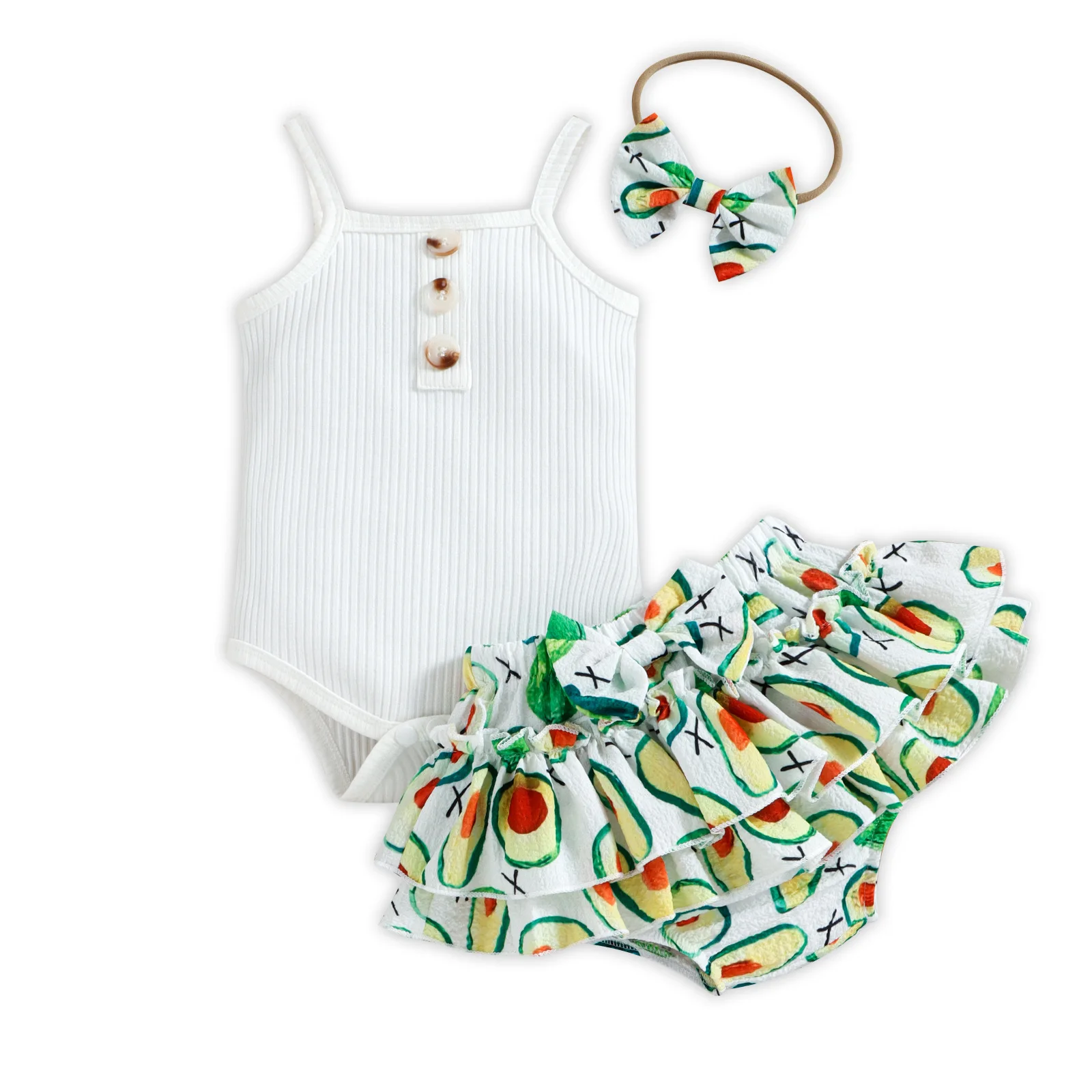 

Baby Girl Clothes Infant Summer Cute Outfits Toddler Solid Suspender Bodysuit + Print Ruffle Shorts 2pcs Set Children Outfits
