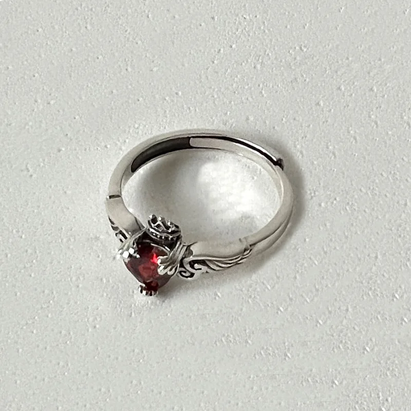 Promotion Jewelry Retro Red Crystal Love Heart Angel Wing Crown Design Thai Silver Ladies Ring For Women No Fade Gifts