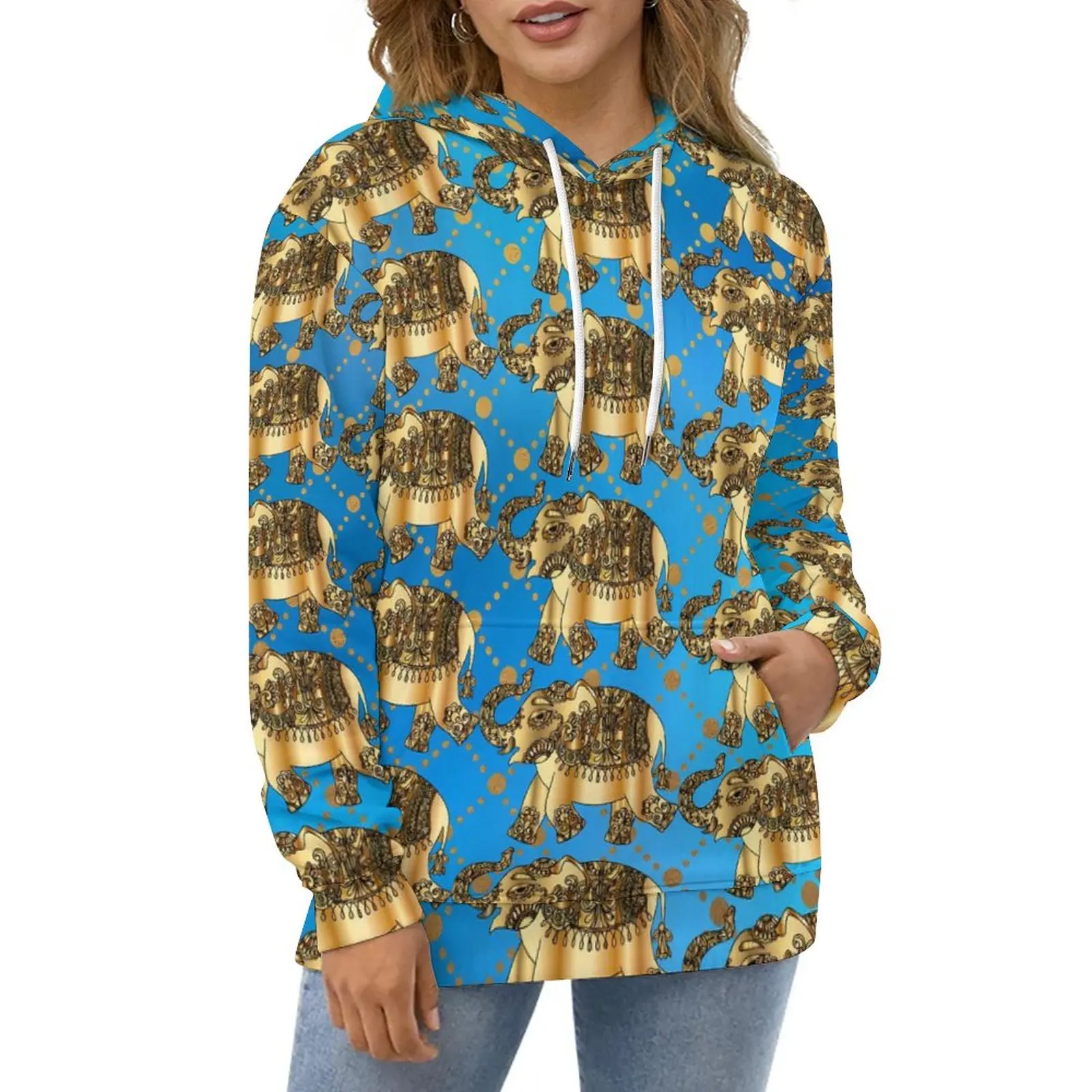 

Golden Elephant Casual Hoodies Retro Animal Y2k Pullover Hoodie Female Long Sleeve Oversized Hip Hop Graphic Loose Top