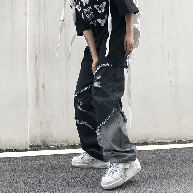 FEWQ Tassel Men's Y2k Jeans Stitching Color High Street Male Straight Denim Trousers Retro 2023 Summer Hip Hop New Pants 24B2493