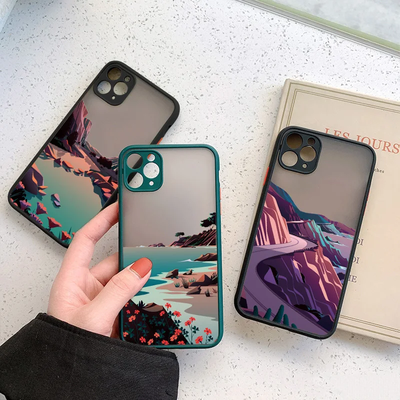 

Hand Painted Landscape Phone Case For iPhone 12 11 13 Pro Max X Xs MAX XR 6s 7 8 Plus SE 2 Camera Protection Candy Color Cover